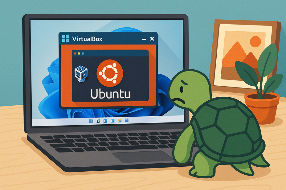 eine kleine Schildkröte schaut traurig in einen Laptop, der langsam läuft