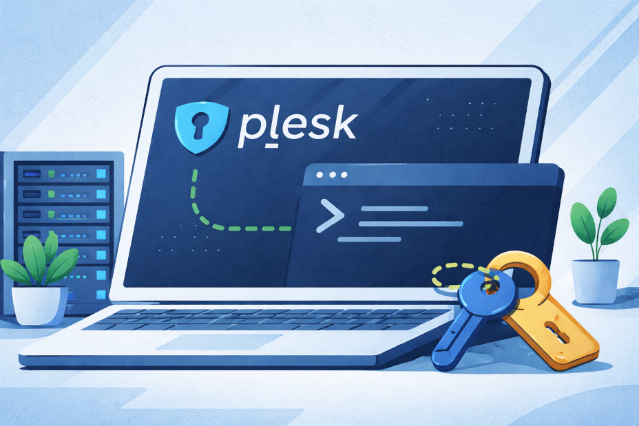 Laptop mit Plesk-Oberfläche und Terminalfenster